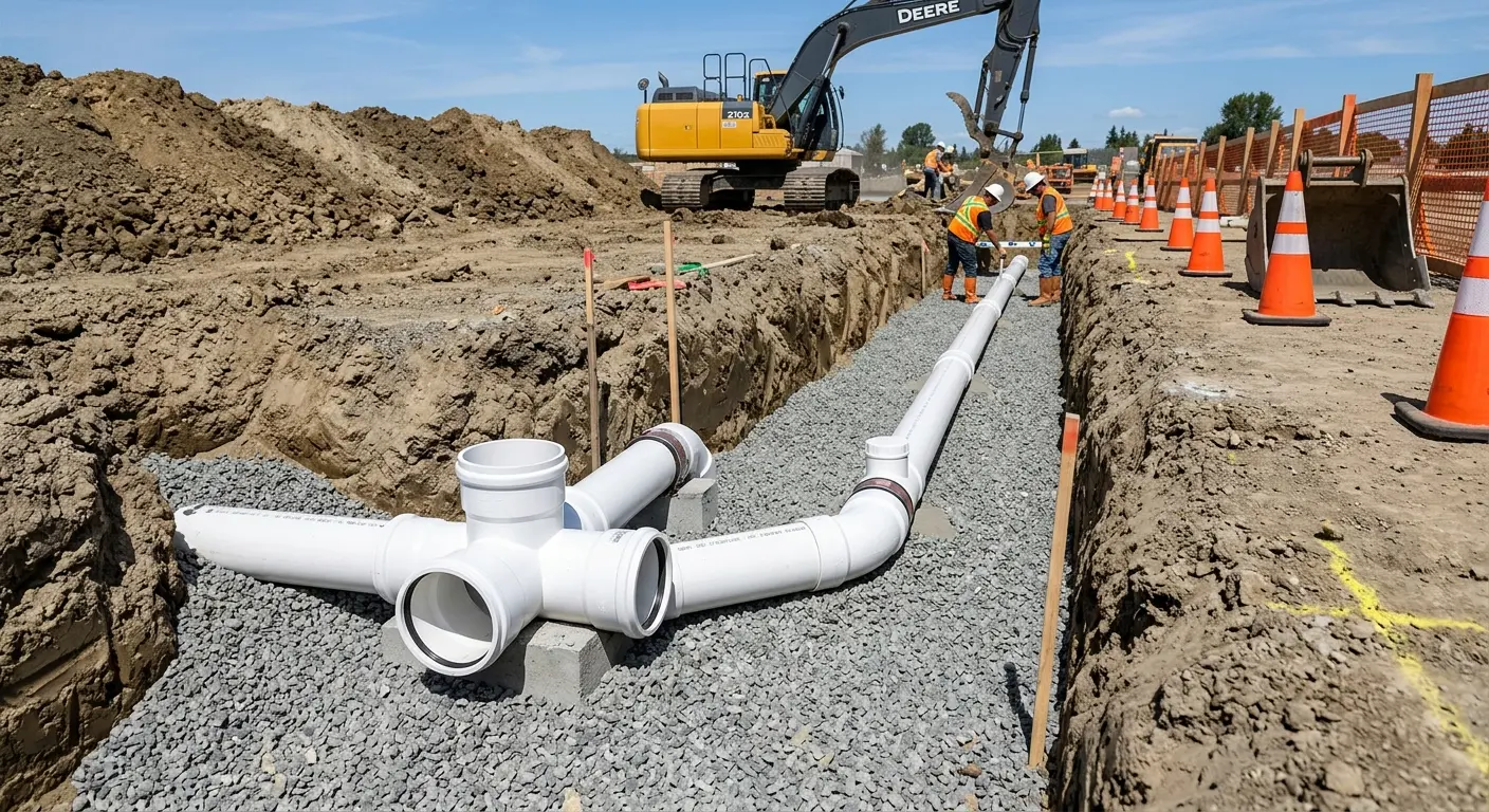 New PVC sewer pipe installation in open trench for Sewer Backup in Redan