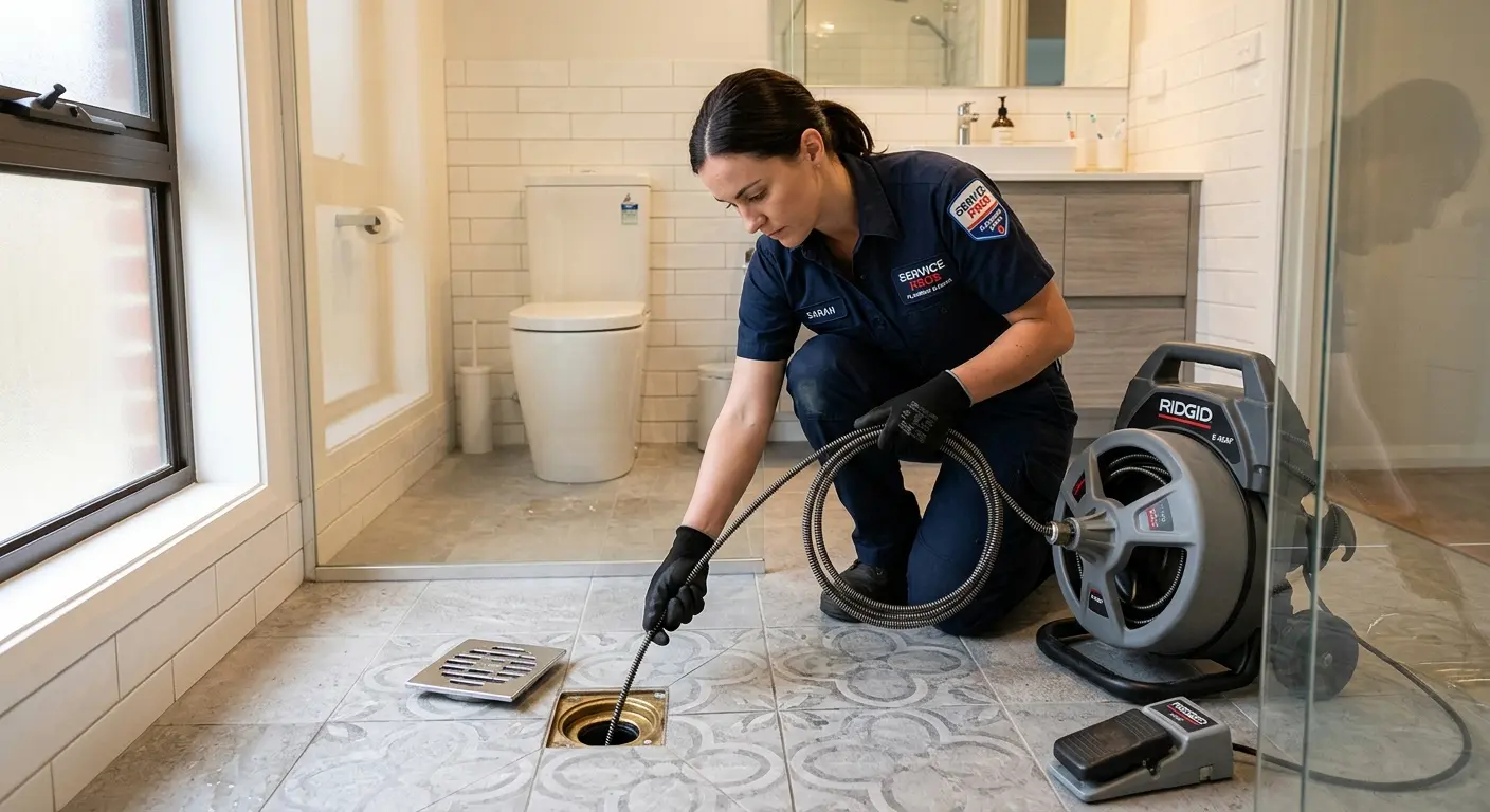 Technician clearing a bathroom floor drain for Clogged Drain Repair in Redan